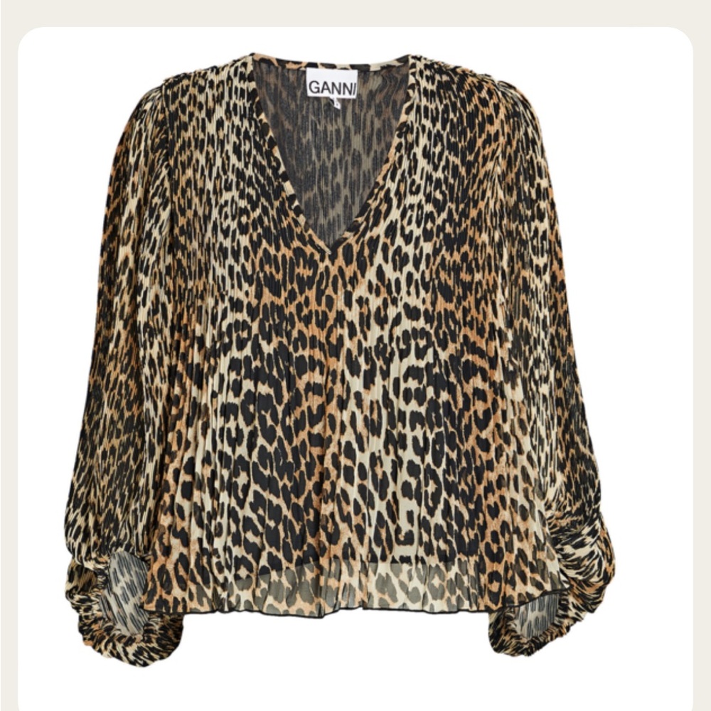 New Ganni plated georgette Leopard Top Blouse size M - Picture 6 of 15